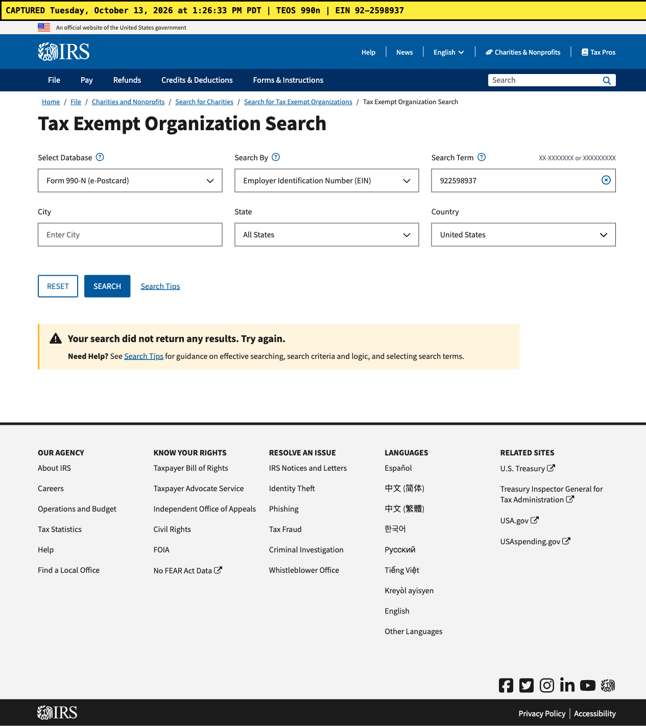 Oct 13 TEOS Form 990-N search: no results