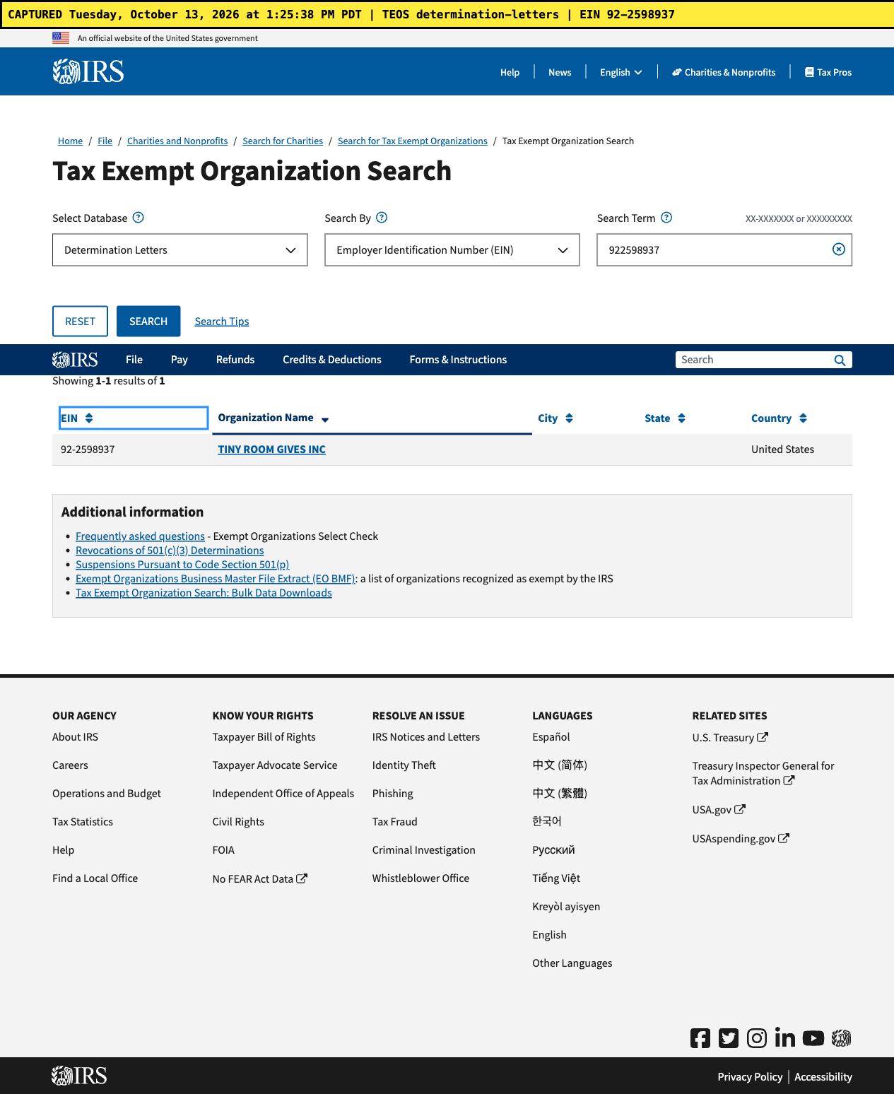 Oct 13 TEOS determination letters: FinalLetter_92-2598937_TINYROOMGIVESINC_05122023_00.pdf